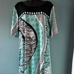 Per Seption Women 1X Shift Dress Turquoise Animal Print Embellished Boho Artsy